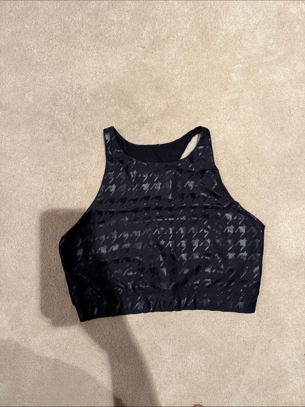 Peloton Black High Neck Sports Bra  - Textured Houndstooth Pattern